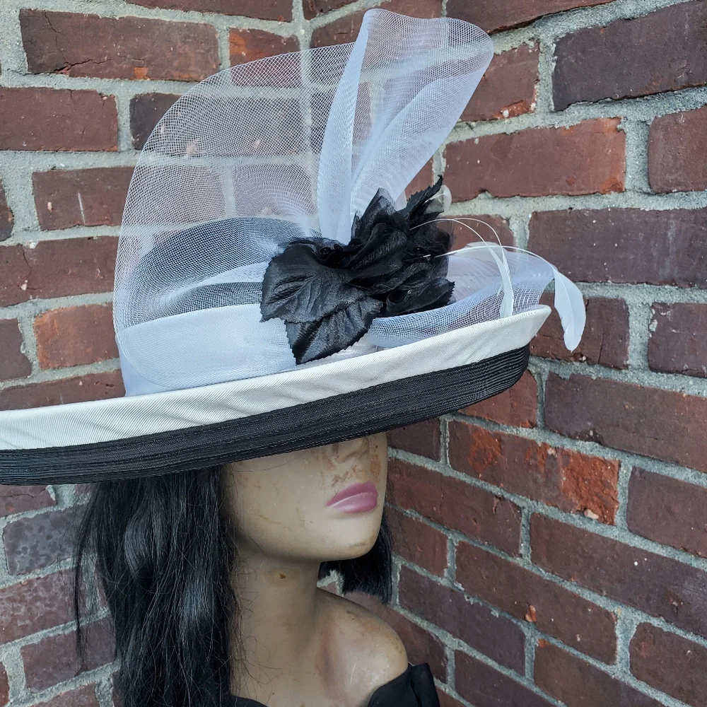Whittail and Shon Black and White Wide Brim Fascinator Hat Feather Haute Couture